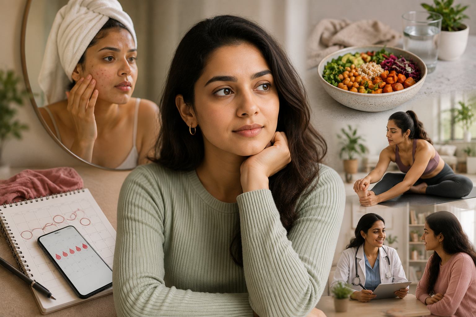 Indian woman surrounded by everyday health experiences associated with PCOS and PMOS, including acne, menstrual cycles, nutrition, exercise and healthcare