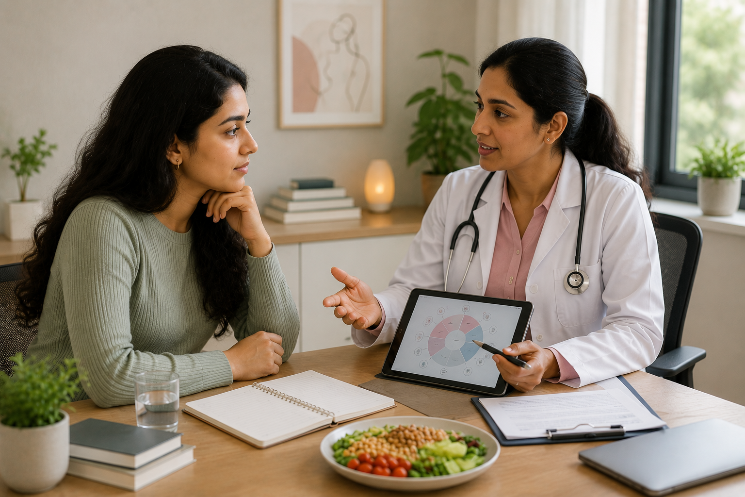 Young Indian woman discussing hormonal and menstrual health with a female doctor during a medical consultation