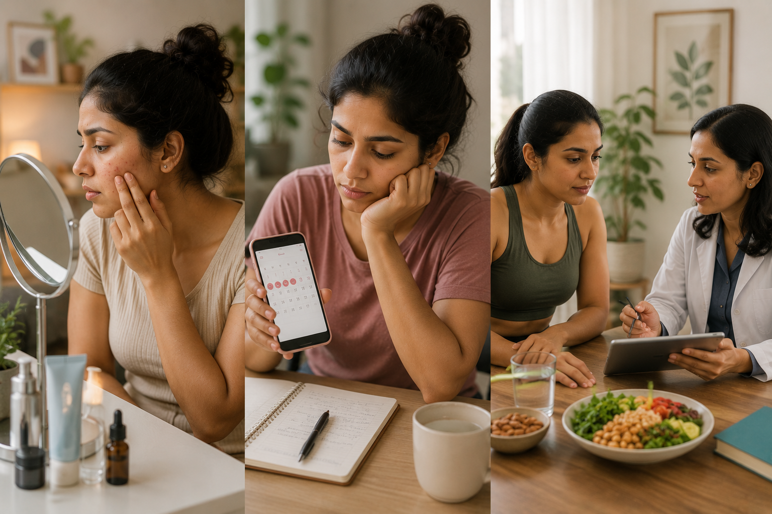 Indian women managing acne, tracking menstrual cycles and discussing metabolic health, showing the different experiences associated with PMOS