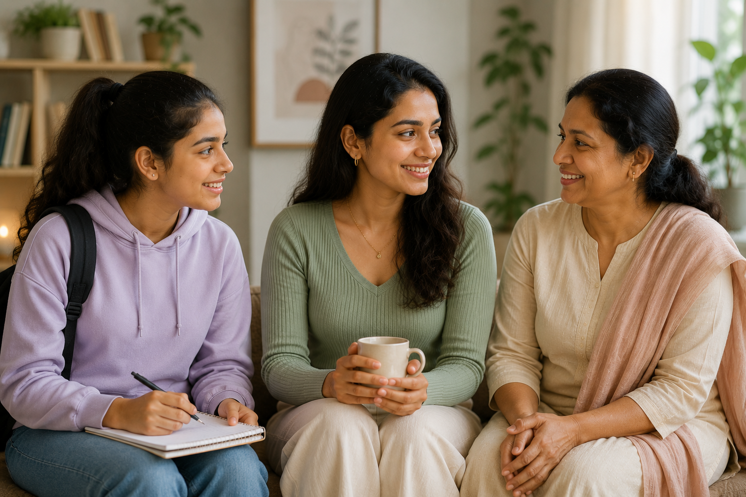 Three Indian women from different generations together, representing hormonal and menstrual health across different stages of life