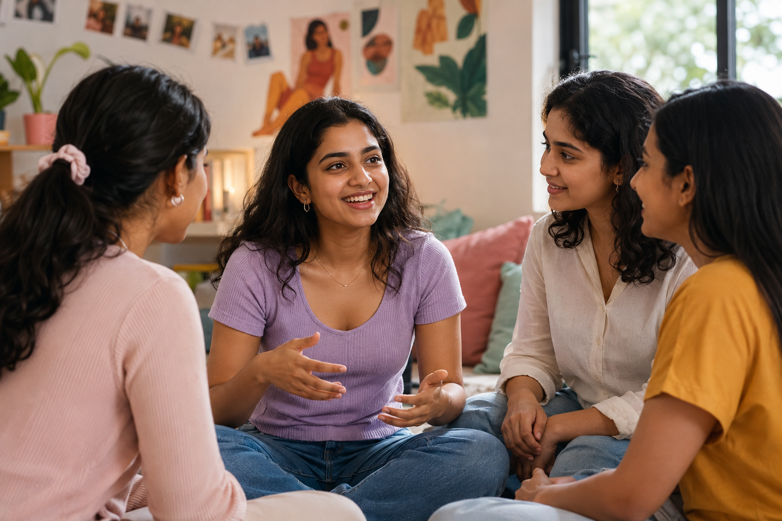 Group of young Indian women openly discussing periods and menstrual health together.