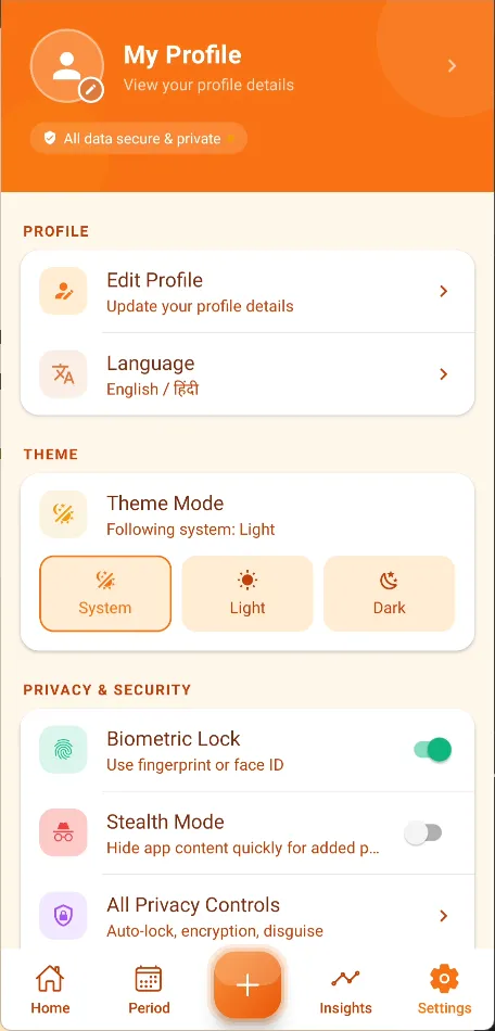 Settings screen